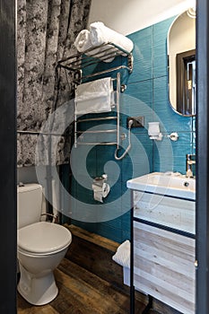 Modern small bathroom interior design. Blue style