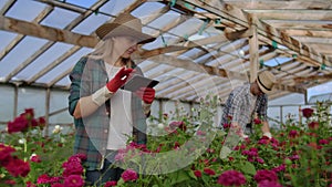 Modern small flower growing business. Colleagues florists work together with tablet computers in a greenhouse. 2 modern