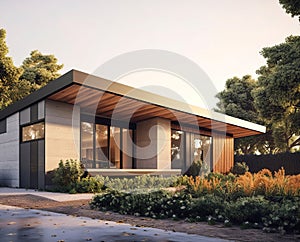 Modern small minimalist cubic house with terrace, cantilevered roof and landscaping design front yard with flower bed. Residential