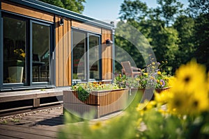 Modern small used shipping container house home, tiny house in sunny day. Shipping container houses is sustainable, eco