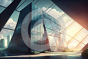 modern smart building with large windows on a sunny day in a futuristic big city. Generative AI