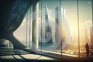 modern smart building with large windows on a sunny day in a futuristic big city. Generative AI
