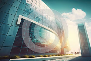 modern smart building with large windows on a sunny day in a futuristic big city. Generative AI