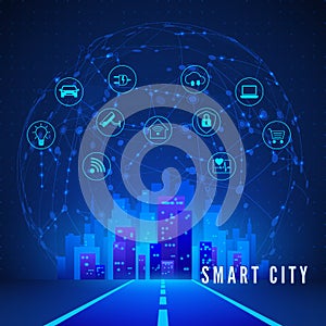 Modern Smart City Concept in Blue Colors. Smart City Landscape and System Monitoring and Control Icon Set. Technology Background.