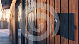 Modern smart doorbell on a wooden house facade during sunset.