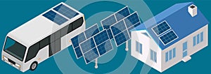 Modern smart electrical solar power plant technology. Public transport bus and private house