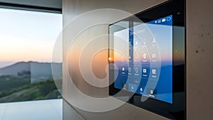 Smart Home Control Panel Touchscreen Interface with Sunset View