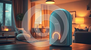 modern smart home device on wooden table in a cozy living room setting