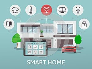 Modern Smart Home. Flat design style concept, technology system with centralized control. Vector illustration