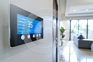 Modern smart home interface on a digital wall-mounted control panel with icons