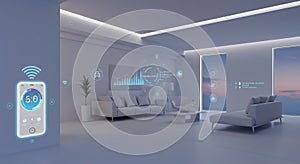 Modern smart home interior with digital interface on a mobile phone representing connectivity and technology