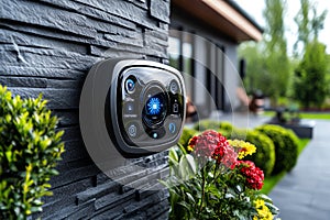 Modern smart home security system mounted on a stone wall, surrounded by vibrant flowers