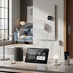 Modern smart home technology setup on a desk with tablet and smart speaker