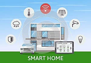 Modern Smart House with car infographic banner. Flat design style concept, technology system with centralized control