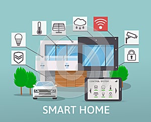 Modern Smart House with car infographic banner. Flat design style concept, technology system with centralized control. Vector illu