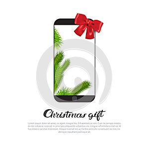 Modern Smart Phone With Red Ribbon Bow On Christmas Gift Banner With Template Copy Space