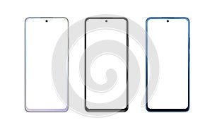 Modern smart phones in three white perla, black and blue perla colors photo