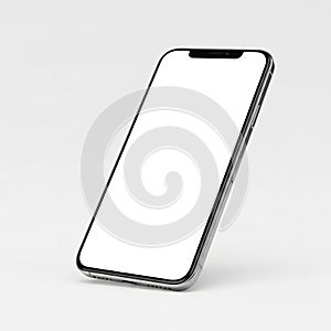 Modern Smartphone with Blank White Screen Displayed at an Angle on a Light Gray Background