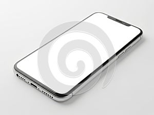 Modern smartphone with blank white screen on light gray background