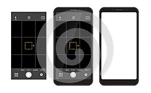 Modern smartphone with camera application. User interface of camera viewfinder. Mobile phones with focusing screen of