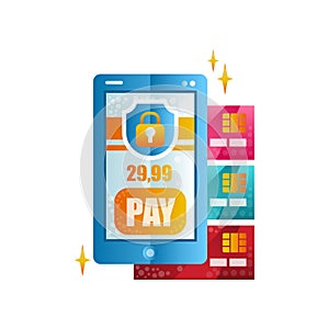 Modern smartphone and credit cards, wireless money transfer, mobile payment, online banking, shopping, e commerce