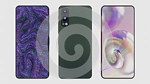 Modern Smartphone Designs, Stylish Camera Modules, Phone Cases and Screens, Set of Three, 3D rendering