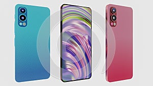 Modern Smartphone Designs, Stylish Camera Modules, Phone Cases and Screens, Set of Three, 3D rendering