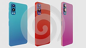 Modern Smartphone Designs, Stylish Camera Modules, Phone Cases and Screens, Set of Three, 3D rendering