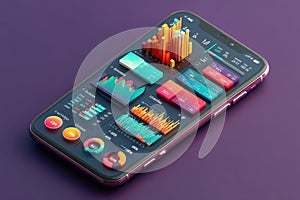 Modern smartphone displaying colorful isometric data visualizations and analytics