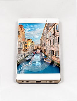 Modern smartphone displaying full screen picture of Venice, Ital