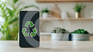 Modern smartphone displaying green recycle symbol surrounded by greenery, emphasizing environmental sustainability and digital photo