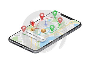 Modern smartphone displaying navigation app with route pins and map interface