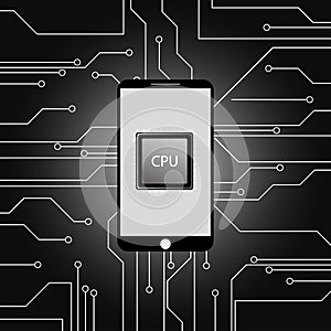 Modern smartphone and Main microprocessor,chip background