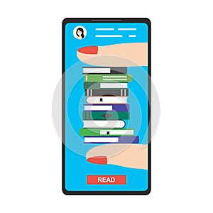 Modern smartphone with online library application. Fingers holding pile of various books. Reader app on cellphone screen