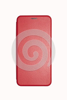 Modern smartphone in a red leather case top view.