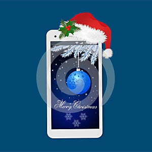 Modern smartphone with santa hat and ball, snowflakes and boughs spruce on screen/ Merry christmas greeting card.