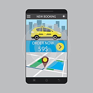 Modern smartphone with taxi booking app service on screen