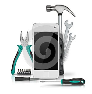 Modern smartphone with tools isolated on white background. Symbol of repair, upgrade and improvement