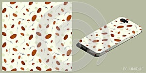 Modern smartphone in unique case decorated seamless pattern with edible mushrooms and spicy twigs. Vegetarian restaurant menu.