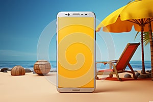 Modern smartphone, yellow backdrop, app logo, sunbed, tickets Æ?? the ultimate vacation!