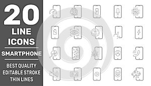 Modern smartphones vector icons. Linear pictograms collection. Modern smartphones vector icons set. Editable Stroke