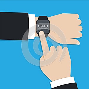 Modern smartwatch or Wearable device on Businessman hand, Flat design vector illustration