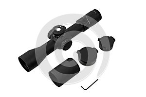 Modern sniper scope. Optical device for aiming and shooting at long distances. Isolate on a white back