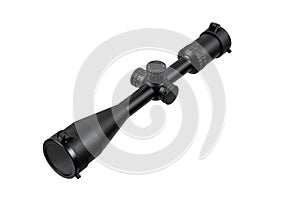 Modern sniper scope on a white back. Optical device for aiming and shooting at long distances