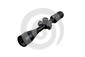 Modern sniper scope on a white back. Optical device for aiming and shooting at long distances