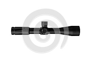 Modern sniper scope on a white background. Optical device for aiming and shooting at long distances