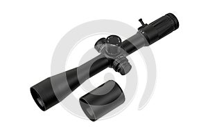 Modern sniper scope on a white background. Optical device for aiming and shooting at long distances