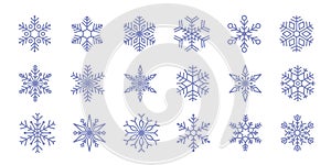 Modern snow. Christmas ornament background, ice winter backdrop, pictogram symbols, blue line snowflake icon set. Snowfall pattern