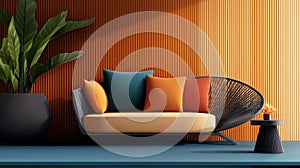 Modern sofa with colorful cushions and plants