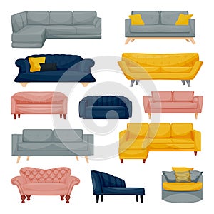 Modern sofa and couch set. Interior furniture design elements. Home and office divan icons. Vector flat illustration